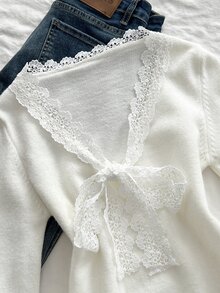 Elamini 女款休閒百搭甜美蝴蝶結蕾絲領日常通勤約會穿搭秋冬套頭毛衣 - 杏色 - 查看 5