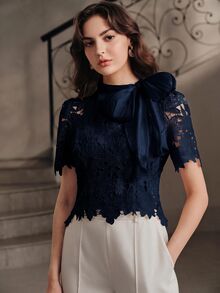 Anewsta Spring Summer French Gentle Style Beige Hollow Lace Bowknot Versatile Women's Blouse - Navy Blue - View 5