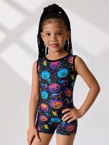 Young Girls Halloween Pumpkin Print Sports Romper, Children Dance Gymnastics Leotard, High Elasticity Romper - Multicolor - View 3