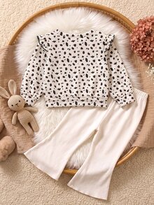 SHEIN Playful Pals 2件組幼女運動衫喇叭褲套裝，可愛白色粉色愛心豹紋兔熊荷葉邊蝴蝶結長袖圓領，適合假期秋季 - 彩色 - 查看 2