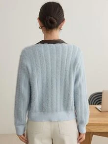 Dazy-Less Women's Contrast Color Lapel Long Sleeve Single-Breasted Knit Cardigan - Grey - View 2