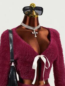 Mistrie Burgundy Plush 2 Pieces Set For Women Bowknot Short Cardigan + High Waist Split Hem Bodycon Mini Skirt - Burgundy - View 8