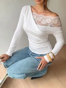 Siren Gaze 秋季新款女款露肩蕾絲拼接長袖T恤 - 白色 - 查看 6