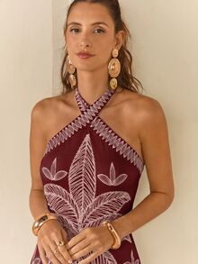 CAJUNI 女款花卉刺繡印花修身優雅時尚掛脖長洋裝 - 酒紅色 - 查看 4