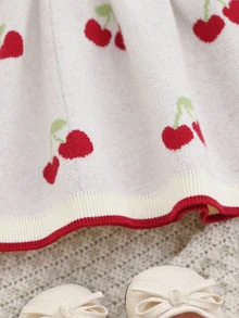 SHEIN Baby Girls' Sweater Dress, Cherry Pattern Big Lace‑Collared Versatile Knit Dress - Beige - View 6