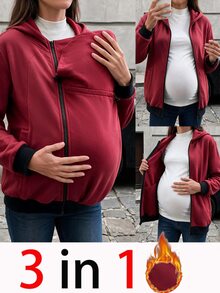 SHEIN Solid Color Maternity Hoodie Jacket 3-In-1 Outerwear For Home - Red - View 4
