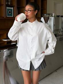 Muchica Women's Autumn New White Modern Chinese Style Stand Collar Frog Button Loose Long Sleeve Blouse - White - View 6
