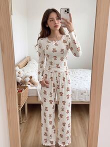 SHEIN Teen Girl Teen Girl Sweet Simple Cute Bear Pattern Round Neck Ruffle Trim Gathered Hem Long Sleeve Extended Pants Soft Comfortable Home Sleepwear Set 2pcs - Multicolor - View 1