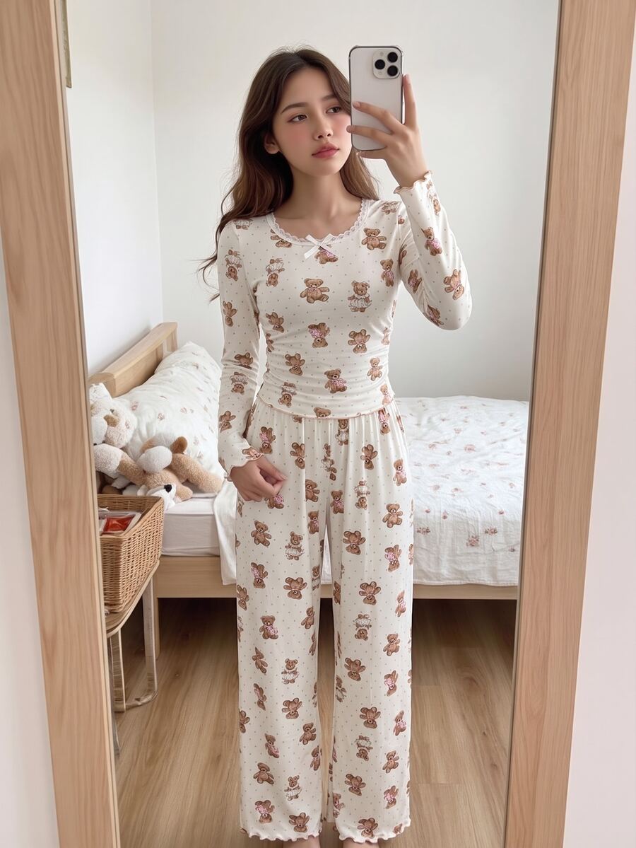SHEIN Teen Girl Teen Girl Sweet Simple Cute Bear Pattern Round Neck Ruffle Trim Gathered Hem Long Sleeve Extended Pants Soft Comfortable Home Sleepwear Set 2pcs - Multicolor - View 1