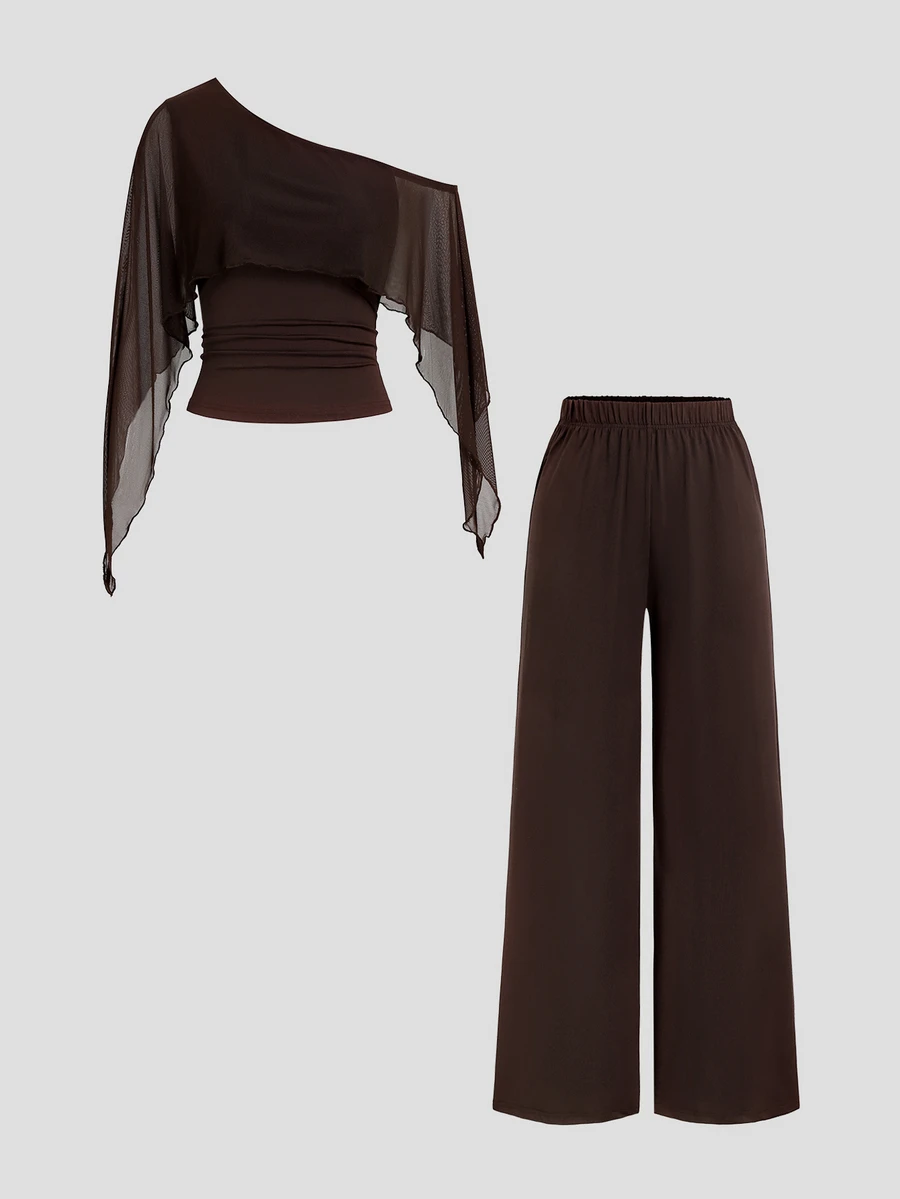 Sweetra Women's Premium Elegant Fashion Charming Urban Modern & Versatile Commute & Brown Asymmetrical Shoulder Long Pants Two Pieces Set - Coffee Brown - View 1