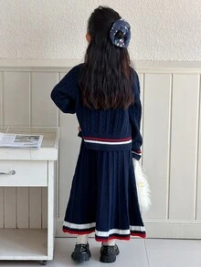 DAZY Tween Girls Sweater Set Cardigan And Dress Striped Decor Casual Fashion Creative Personalized Fresh Cute - Navy Blue - View 2