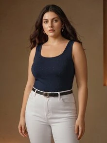 Anewsta Plus Size Spring Summer Seamless Rhinestone Elegant Versatile Women's Tank Top - Blue - View 3