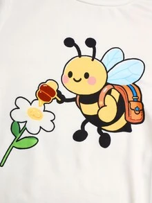 SHEIN 青少年女孩蜜蜂印花側開衩下擺T恤與條紋長褲休閒套裝 - 白色 - 查看 6
