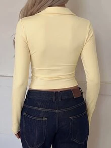 SHEIN EZwear 黃色針織修身女款T恤 - 淡黃色 - 查看 2