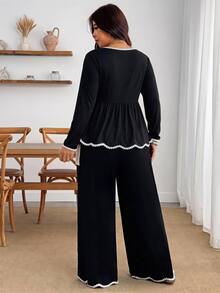 Enliva Set 2 Potong Wanita Plus Size Renda Hitam Blok Warna, Cocok untuk Pergi Kerja, Bentuk Tubuh Apel dan Bulat - Hitam dan Putih - View 2