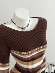 Elamini Minimalist Women's Autumn/Winter Brown Long Sleeve Asymmetric Shoulder Cold Shoulder Striped Fitted Knit Sweater Top - Brown - View 4