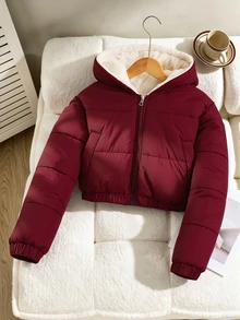SHEIN Elladie kids 青少年女孩時尚休閒寬鬆可愛短款連帽填充外套，附保暖內裡，寬鬆舒適款，適合秋冬，酒紅色 - 酒紅色 - 查看 5