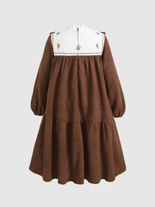 SHEIN 青少年女孩寬鬆休閒簡約舒適拼色洋裝 - 棕色 - 查看 2