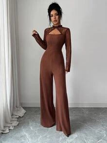 Elenzga Autumn/Winter Daily Commute Minimalist Slim Fit Lace High Neck Floral Lace Patchwork Ribbed Slimming Flared Jumpsuit Solid Dark Coffee Color Women's Jumpsuit - Coffee Brown - View 7