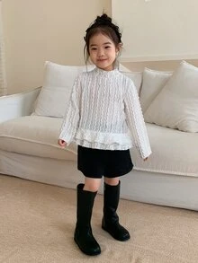 DAZY Baby Girl Solid Color Casual Cable Knit Lace Patchwork Top - White - View 8