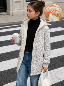 大女孩保暖連帽外套 冬季加厚抓絨單排扣夾克 8-13歲 時尚灰色豹紋長袖休閒街頭風外衣 - 灰色 - 查看 5