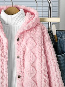 SHEIN Sparklyn Tween女孩休閒百搭日常校園穿著愛心提花抓絨領開襟中長版秋冬外套 - 粉色 - 查看 4