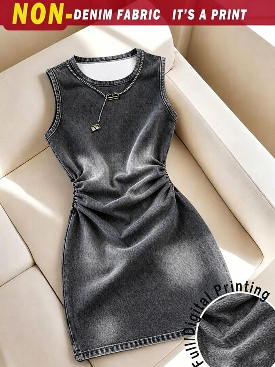 SHEIN 青少年女孩黑色滿版印花無袖洋裝,適合春夏秋季,適合外出,適合女孩日常穿著,舒適簡約經典修身洋裝 - 彩色 - 查看 1
