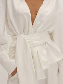 MUSEYN White Wrap Tie Drape Plunge Long Sleeve Blouse Classy Date Night Chic Evening Fall - Cream - View 6