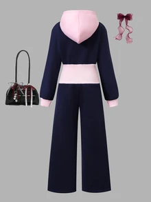 SHEIN 女童休閒運動風保暖內裡連帽拉鍊連身褲，高腰寬腿配色設計，適合秋冬返校季、旅行與戶外穿著 - 藍色 - 查看 2