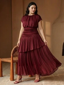 Anewsta Plus Size Women's Summer Elegant Cinched Waist Asymmetrical Ruffle Double Layer Full Skirt Dress For Vacation, Gathering, Party - Burgundy - View 7