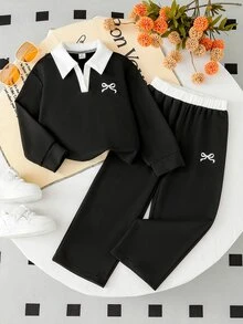 SHEIN Elladie kids 少女學院風黑色蝴蝶結印花對比色POLO領上衣＋寬腿褲休閒兩件套穿搭 - 黑色 - 查看 13