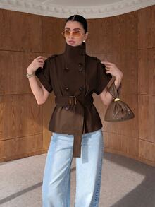Lumalex Short Sleeve Loose High Neck Cinched Waist Women's Trench Coat Jacket - Brown - View 6