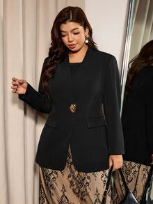 Elaquor Plus Size Women Solid Color Metal Single Button Elegant Blazer - Black - View 3