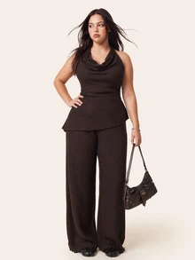 Comfortcana Women's Plus Size Draped Neck Backless Cowl Neck Asymmetrical Hem Waist-Cinching Tank Top And Loose Straight Leg Pants 2 Pieces Set - Brown - View 4