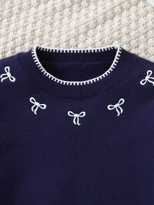 少女可愛百搭刺繡蝴蝶結圓領長袖針織毛衣 - 寶藍色 - 查看 8