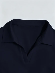SHEIN Franclia 女款夏季 Polo 領短袖收腰 A 字洋裝，極簡顯瘦設計，適合日常通勤、外出與野餐 - 藏蓝色 - 查看 4