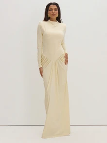 MUSEYN Cream Jersey High Neck Ruched Detail Shoulder Pad Maxi Dress Classy Date Night Chic Evening Fall - Beige - View 3