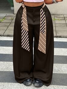 Maweii 大尺碼女款夏季休閒長褲，附腰帶與口袋，適用畢業派對、Cosplay、女性畢業、優雅、時尚、休閒、通勤、商務辦公 - 摩卡棕 - 查看 3