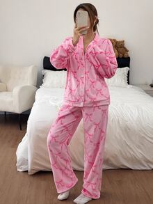 Napfluff Women's Autumn/Winter V-Neck Bow Coral Fleece Pajama Set - Multicolor - View 3