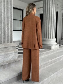Pariaura Set 2 Potong Blazer Jaket dan Celana Panjang Panjang Lantai Gaya Minimalis Modis Sederhana dengan Kerah V Dalam, Desain Tali, Belahan Samping Belakang, dan Pinggang Elastis - Coffee Brown - View 2