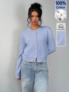 SHEIN BASICS 女款圓領長袖單排扣純色針織開襟衫 - 藍色 - 查看 3