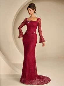 Women's Lace Long Sleeve Front Beaded Long Formal Evening Gown (Heavy Workmanship Style) - Burgundy - View 3