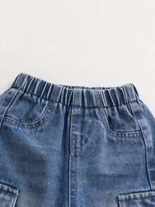 SHEIN 男嬰復古休閒街頭風多口袋寬鬆舒適全彈性腰抽繩收口褲腳水洗淺藍牛仔工裝長褲 - 淺色水洗藍 - 查看 3