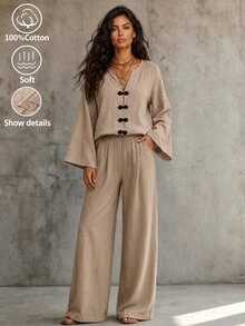 LUMIGAL Set 2 Potong Kemeja Lengan Panjang dan Celana Wanita Musim Gugur Warna Khaki Kasual Serbaguna Modis Nyaman dengan Kancing Katak - Khaki - View 8