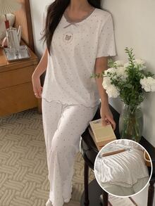 DAZY Bộ đồ ngủ nữ 2 món áo cổ tròn tay ngắn họa tiết chấm bi đính nơ và quần - trắng - Xem 6