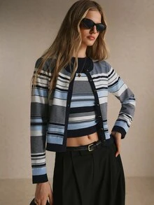 Poéselle 巴黎風藍色條紋長袖針織開襟衫套裝 - 彩色 - 查看 9