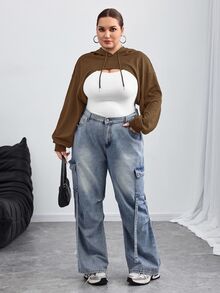 SHEIN CURVE+ 大尺碼黑色針織超短連帽毛衣，適合秋冬穿著 - 棕色 - 查看 6