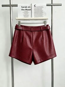INAWLY Women's Burgundy Woven Leather Shorts - Burgundy - View 2