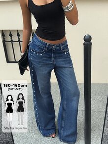 SHEIN PETITE 女款時尚鉚釘鈕扣口袋牛仔褲 - 深色水洗藍 - 查看 1
