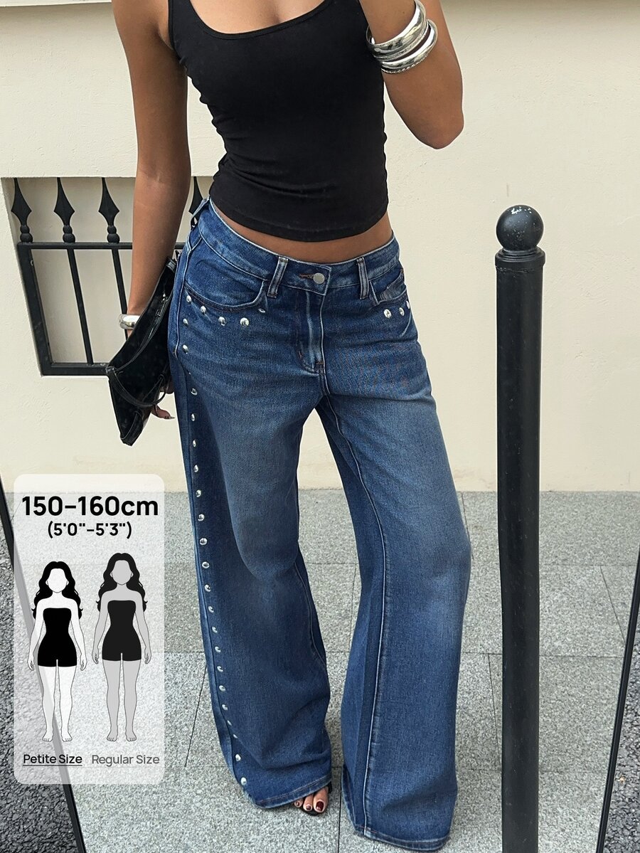 SHEIN PETITE 女款時尚鉚釘鈕扣口袋牛仔褲 - 深色水洗藍 - 查看 1